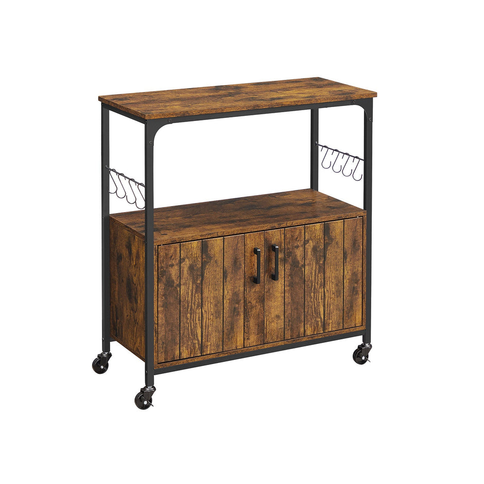 Industrial Kitchen Cupboard – Metal and Wood – Rustic Brown and Black – Mobile with Storage Shelves and Hooks