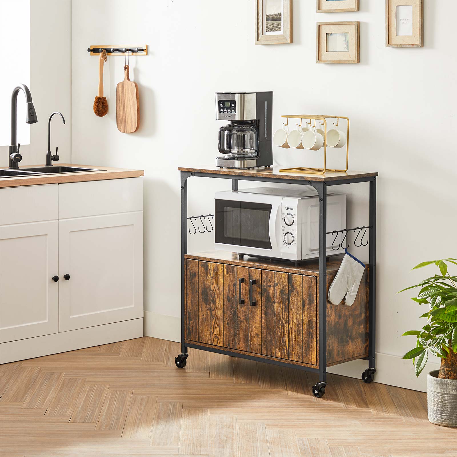 Industrial Kitchen Cupboard – Metal and Wood – Rustic Brown and Black – Mobile with Storage Shelves and Hooks