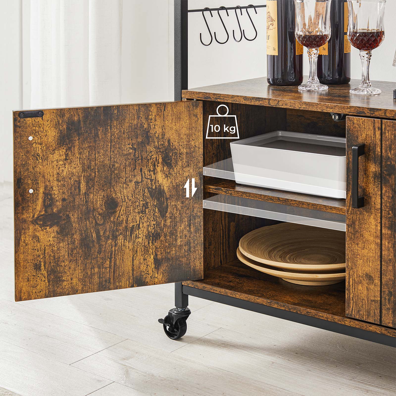 Industrial Kitchen Cupboard – Metal and Wood – Rustic Brown and Black – Mobile with Storage Shelves and Hooks