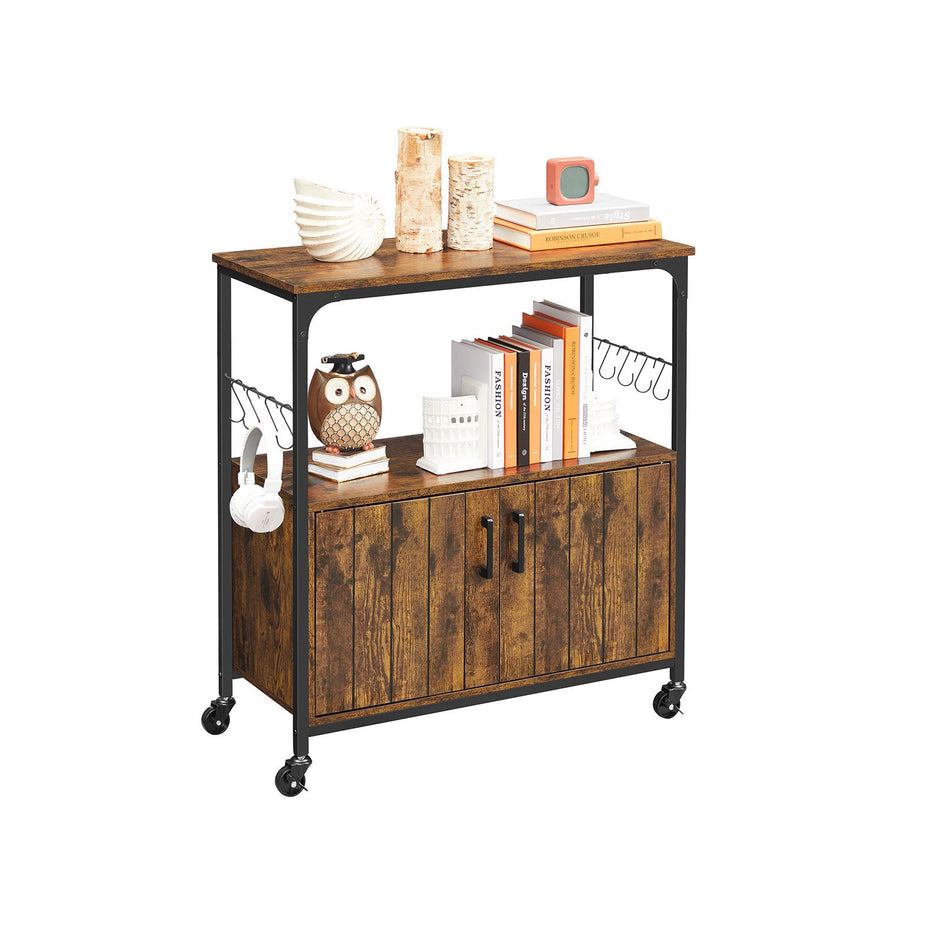 Industrial Kitchen Cupboard – Metal and Wood – Rustic Brown and Black – Mobile with Storage Shelves and Hooks