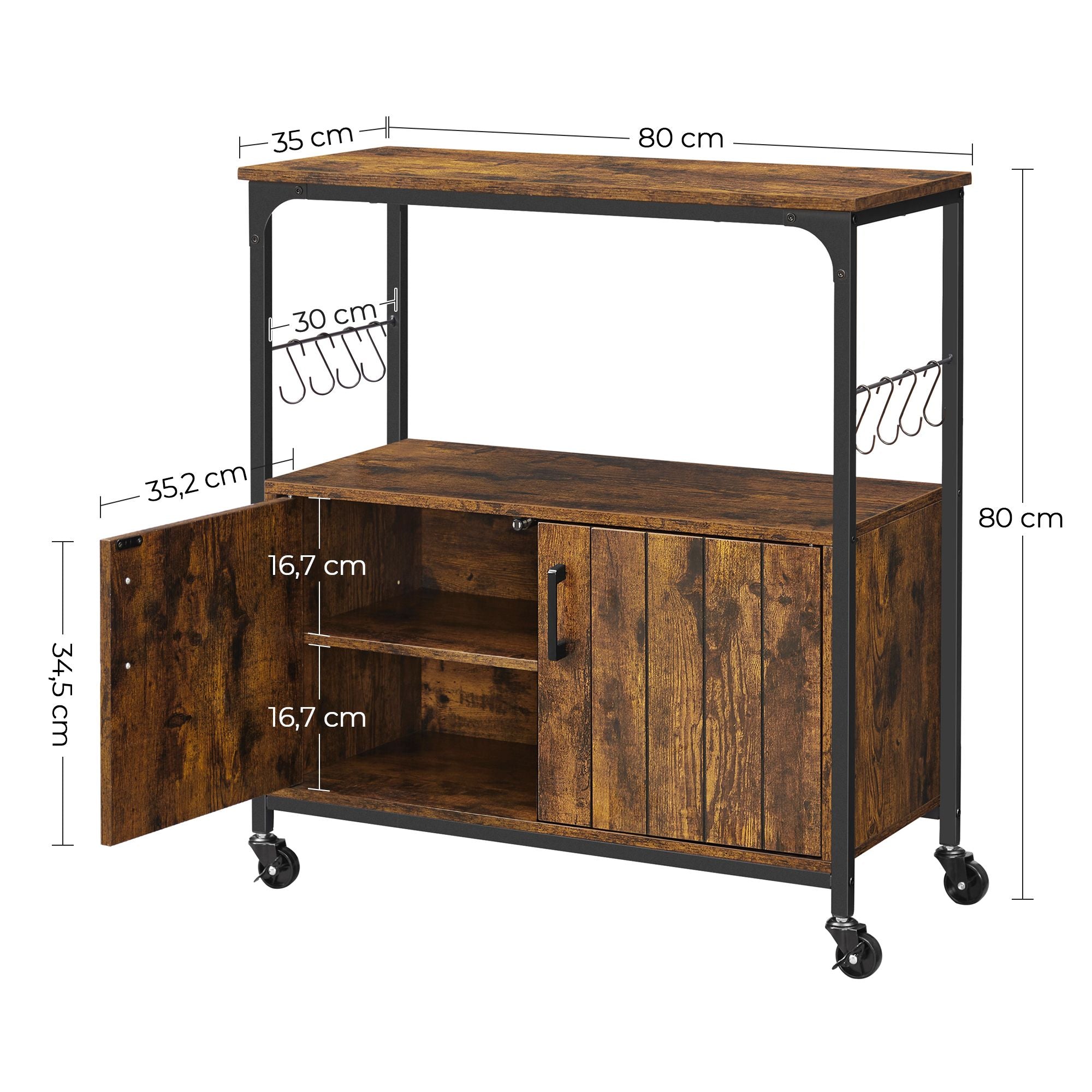 Industrial Kitchen Cupboard – Metal and Wood – Rustic Brown and Black – Mobile with Storage Shelves and Hooks