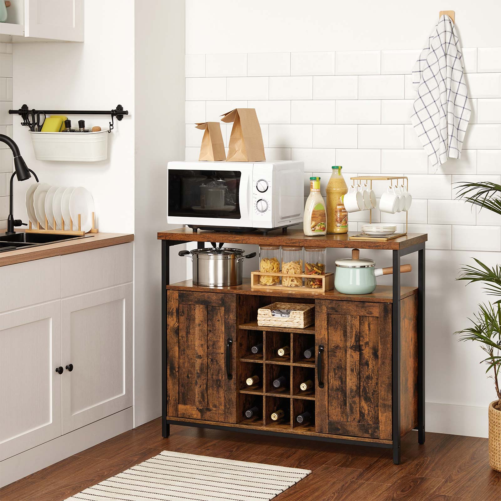 Storage Cabinet – Wood – Rustic Brown and Black – Multi-Functional with Wine Holder
