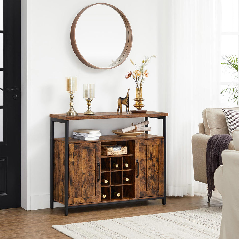 Storage Cabinet – Wood – Rustic Brown and Black – Multi-Functional with Wine Holder