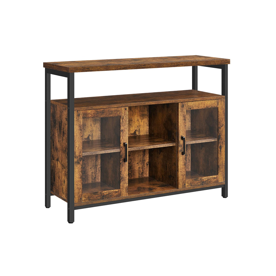 Sideboard – Wood and Glass – Rustic Brown and Black – Industrial Style with Adjustable Shelves