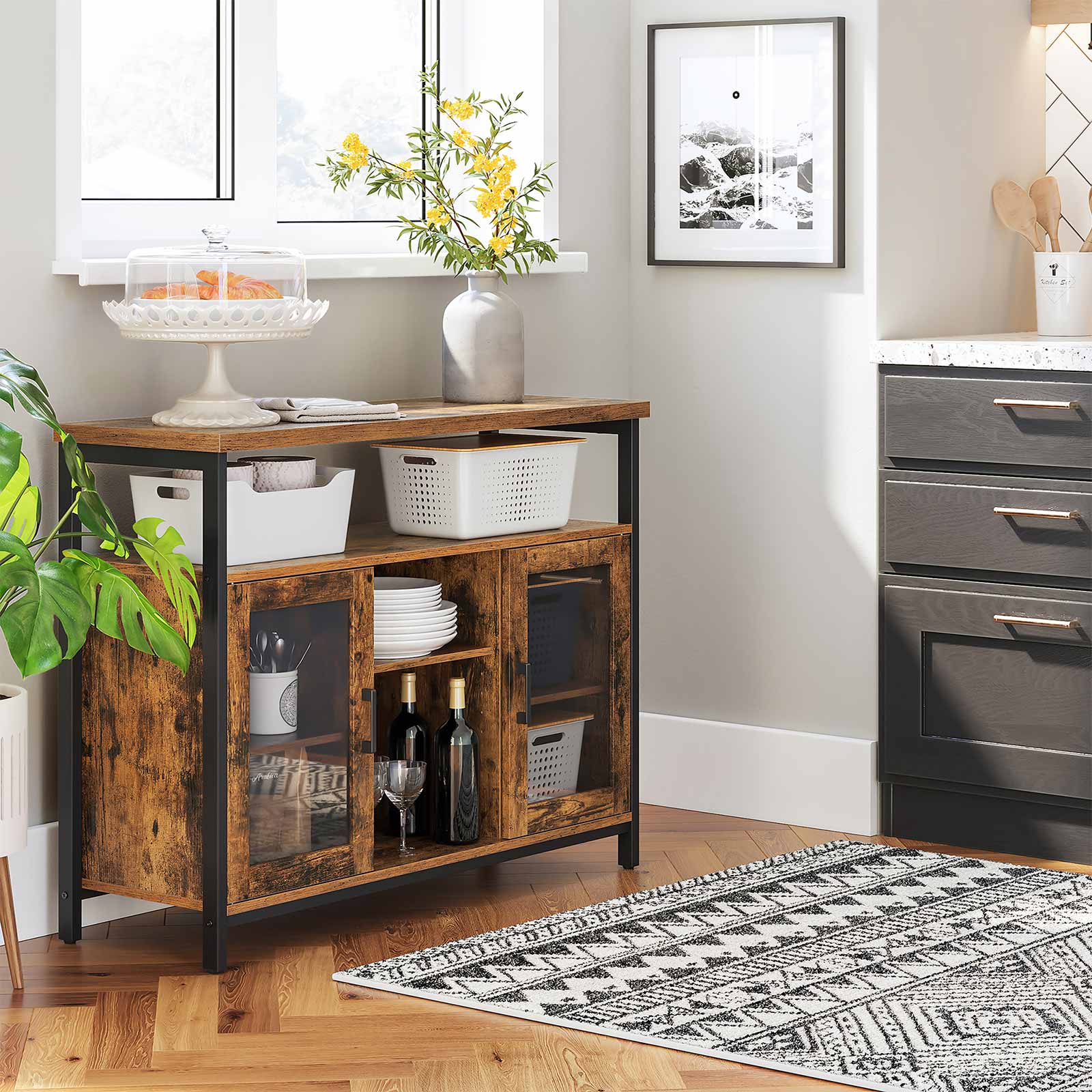 Sideboard – Wood and Glass – Rustic Brown and Black – Industrial Style with Adjustable Shelves