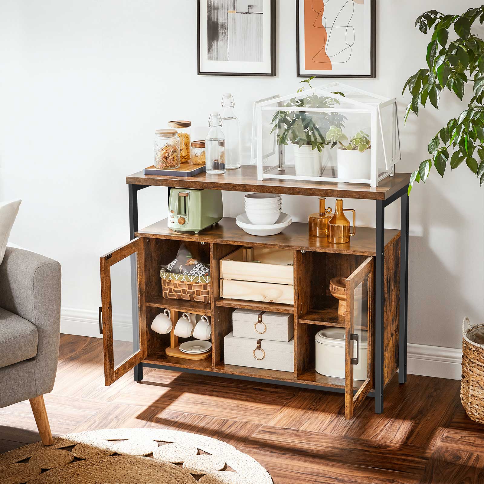 Sideboard – Wood and Glass – Rustic Brown and Black – Industrial Style with Adjustable Shelves