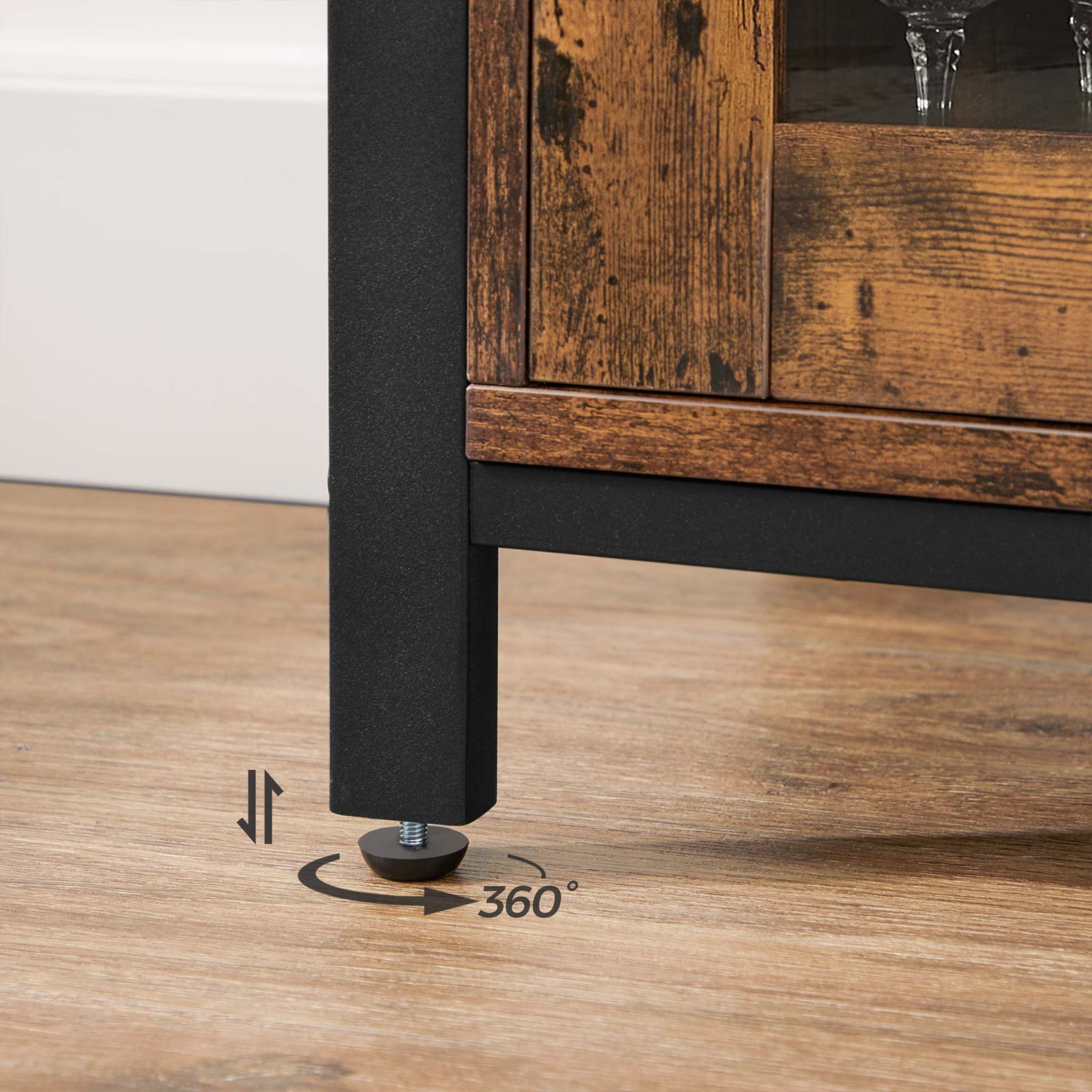 Sideboard – Wood and Glass – Rustic Brown and Black – Industrial Style with Adjustable Shelves