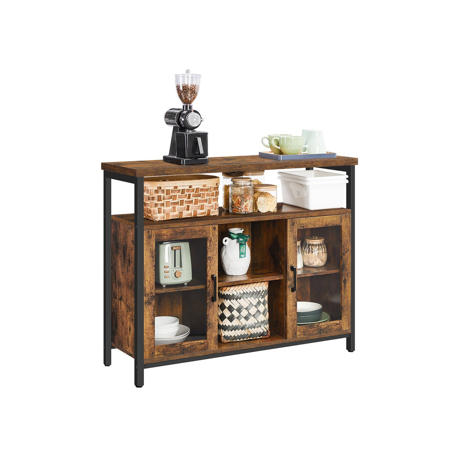 Sideboard – Wood and Glass – Rustic Brown and Black – Industrial Style with Adjustable Shelves