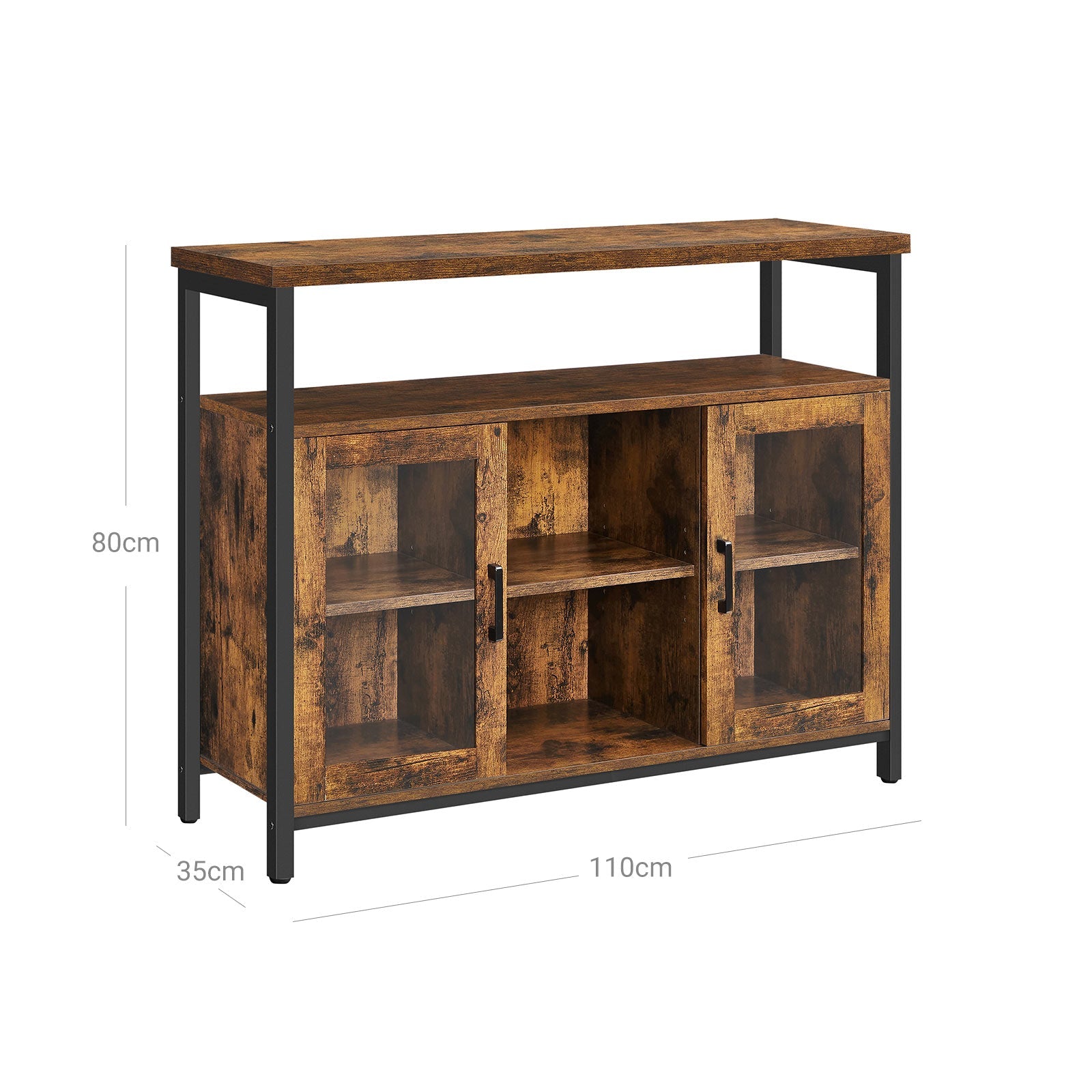 Sideboard – Wood and Glass – Rustic Brown and Black – Industrial Style with Adjustable Shelves