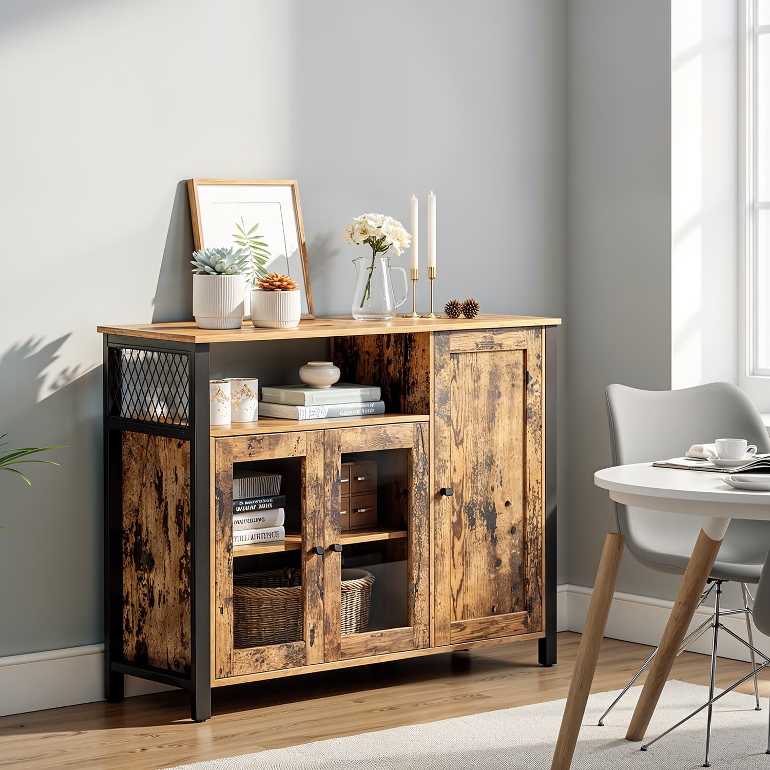 Sideboard – Wood and Metal – Rustic Brown and Black – 3-Door Storage Cabinet