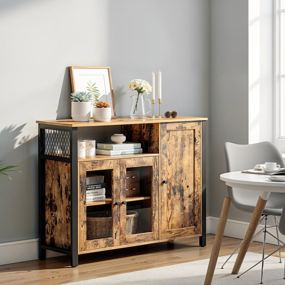 Sideboard – Wood and Metal – Rustic Brown and Black – 3-Door Storage Cabinet