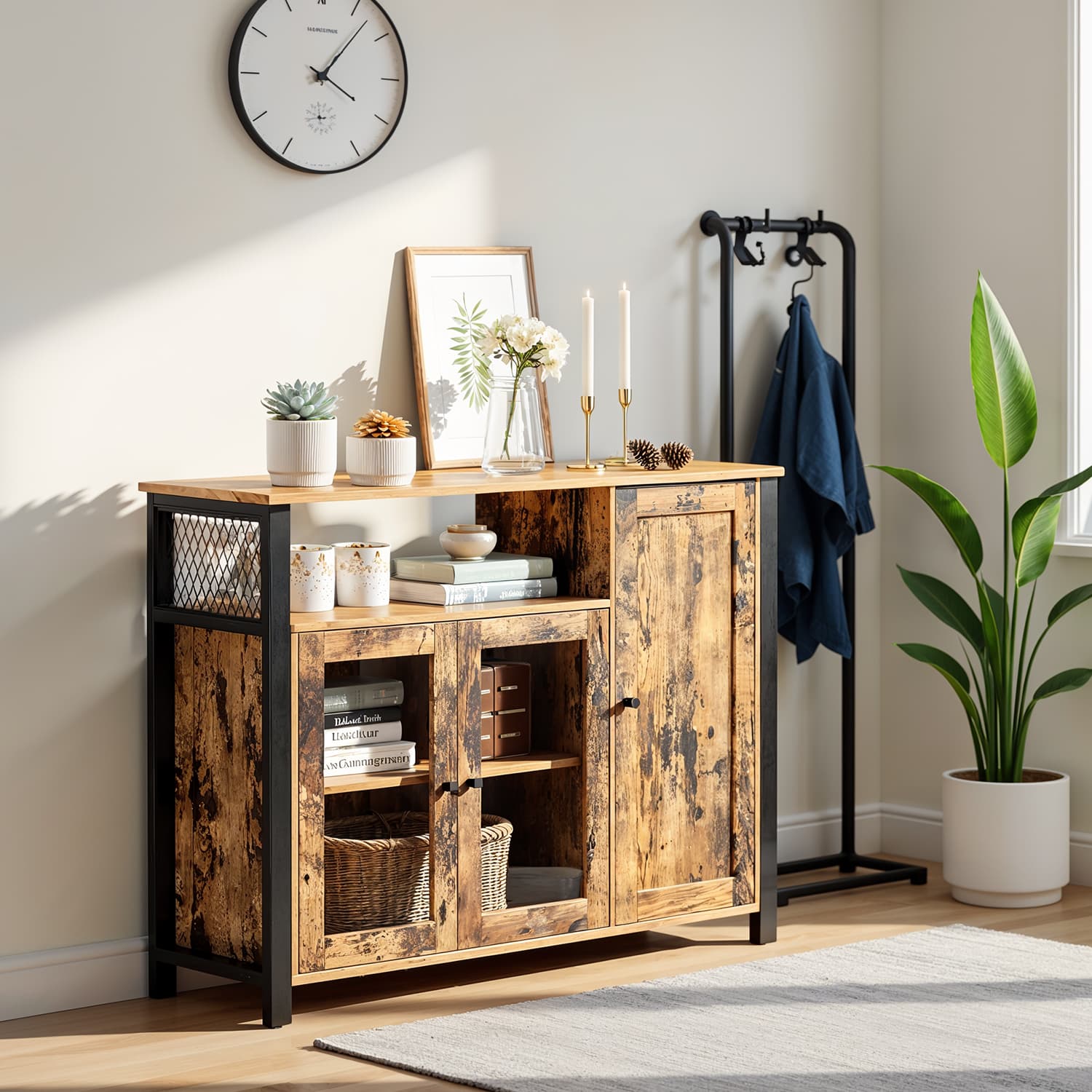 Sideboard – Wood and Metal – Rustic Brown and Black – 3-Door Storage Cabinet