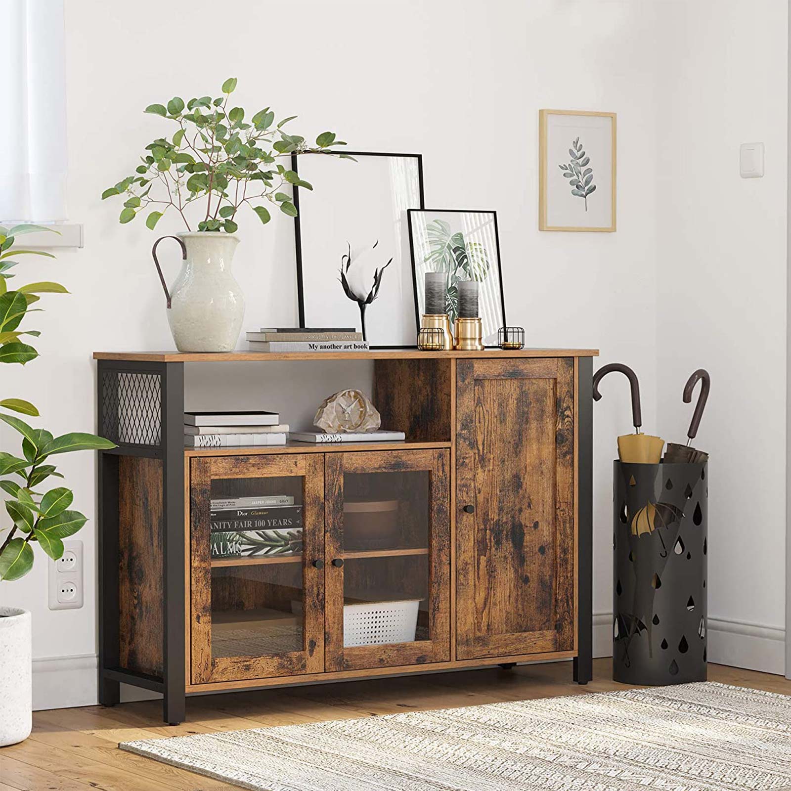 Storage Sideboard – Wood – Rustic Brown and Black – Industrial Style with 3 Doors