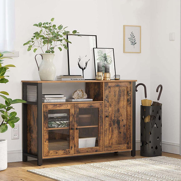 Storage Sideboard – Wood – Rustic Brown and Black – Industrial Style with 3 Doors