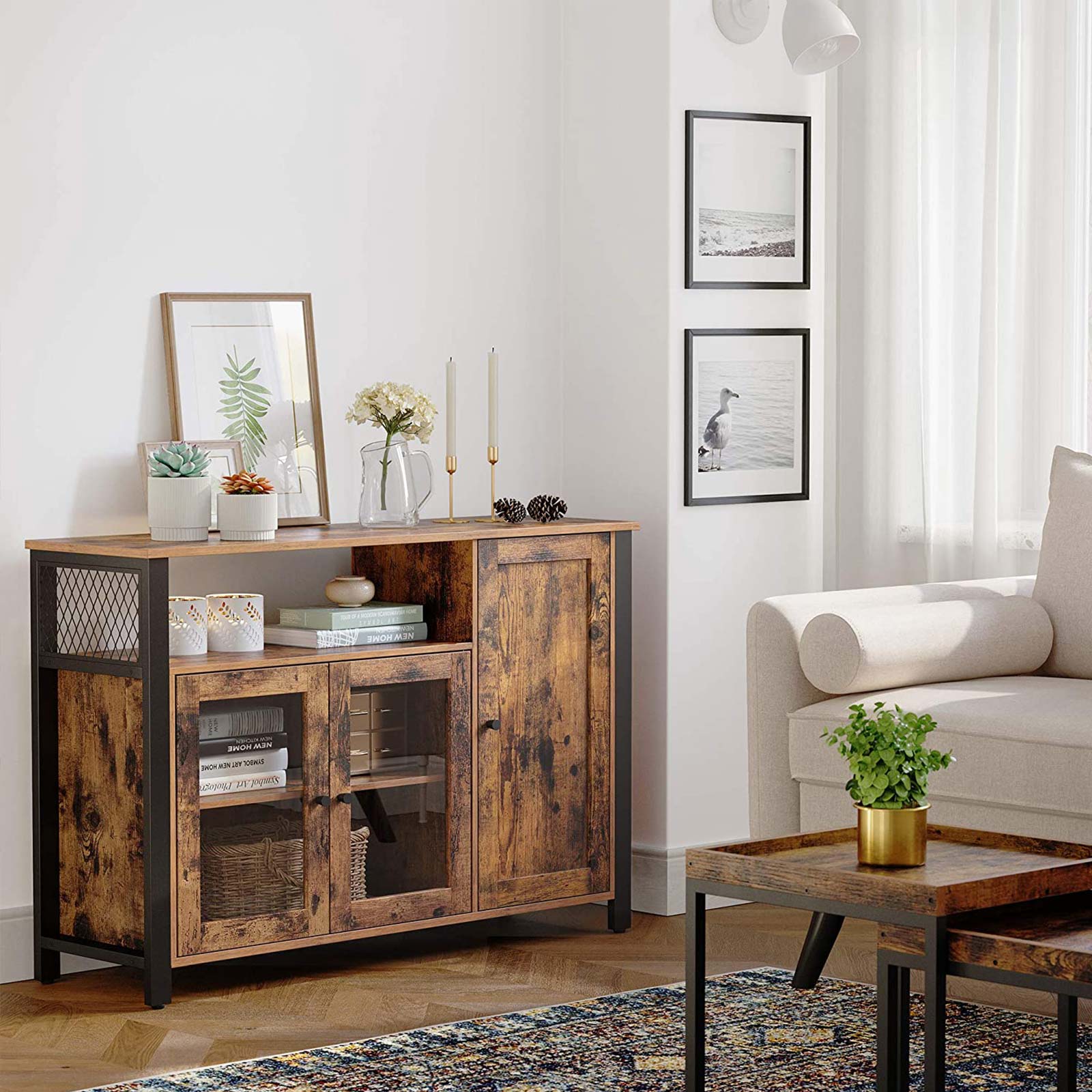 Storage Sideboard – Wood – Rustic Brown and Black – Industrial Style with 3 Doors