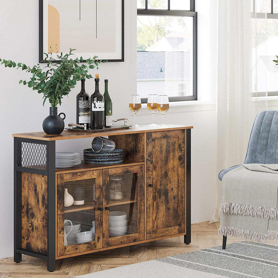 Storage Sideboard – Wood – Rustic Brown and Black – Industrial Style with 3 Doors