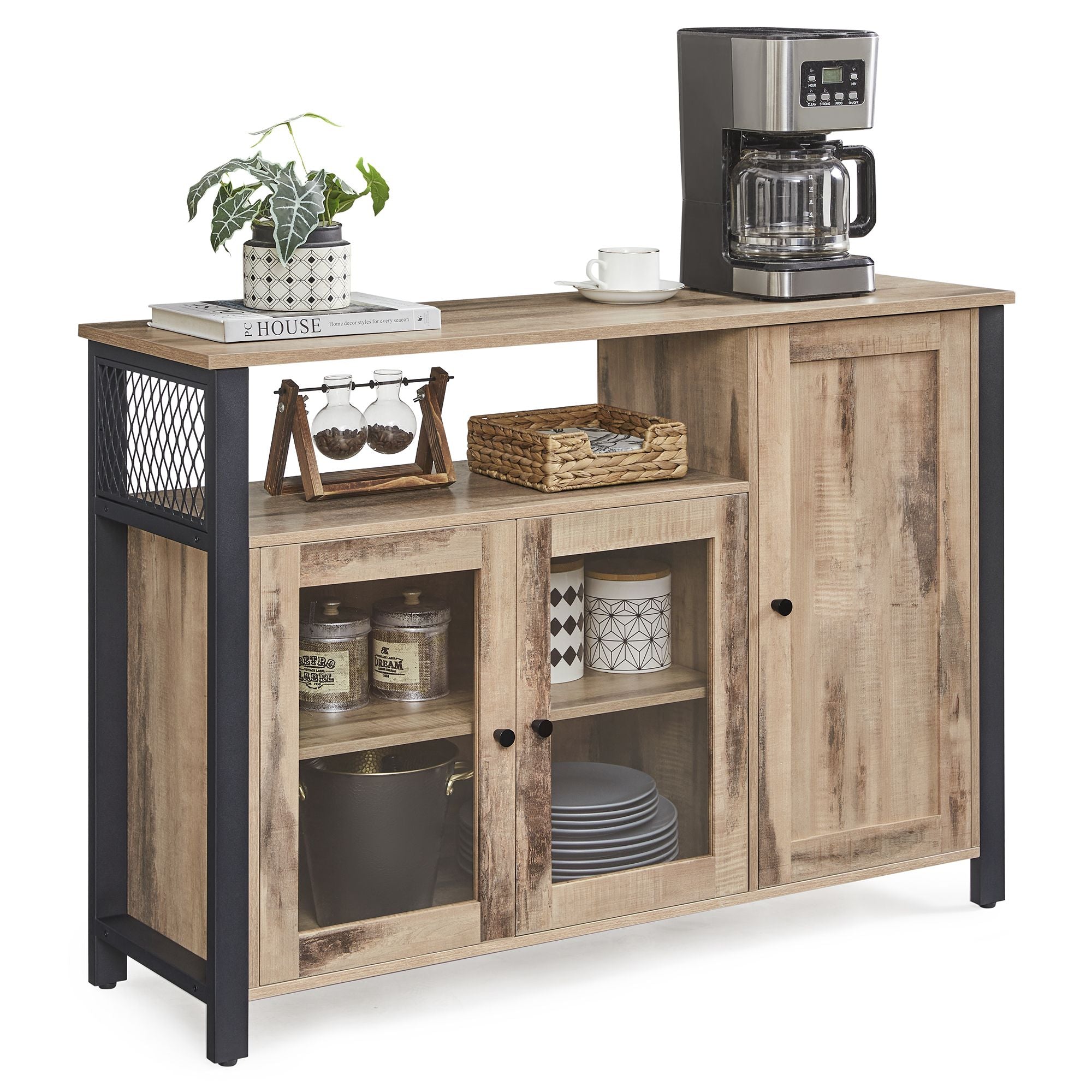 Sideboard – Wood – Rustic Brown and Black – Industrial Style with 3 Doors