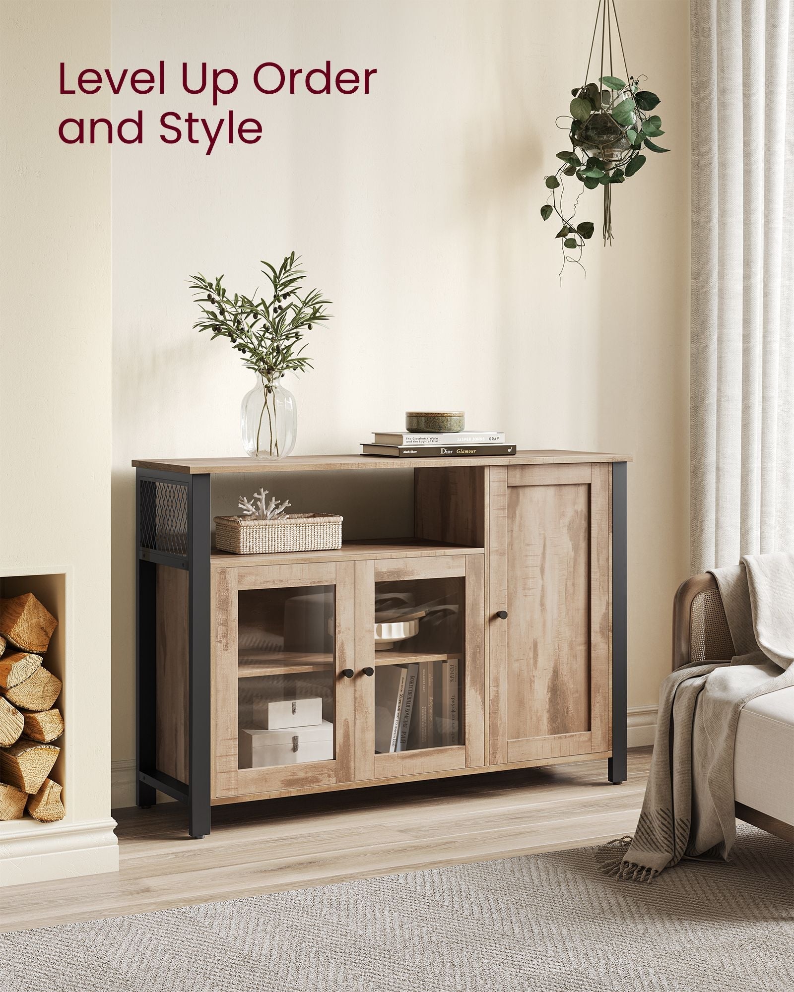 Sideboard – Wood – Rustic Brown and Black – Industrial Style with 3 Doors