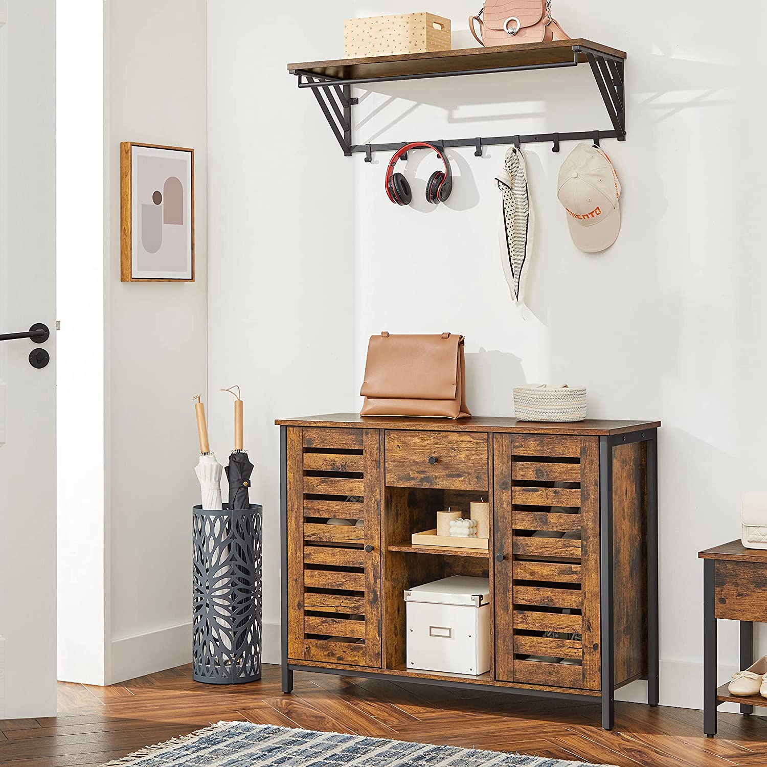 Industrial Sideboard – Wood and Metal – Rustic Brown and Black – Drawer and Storage Shelves