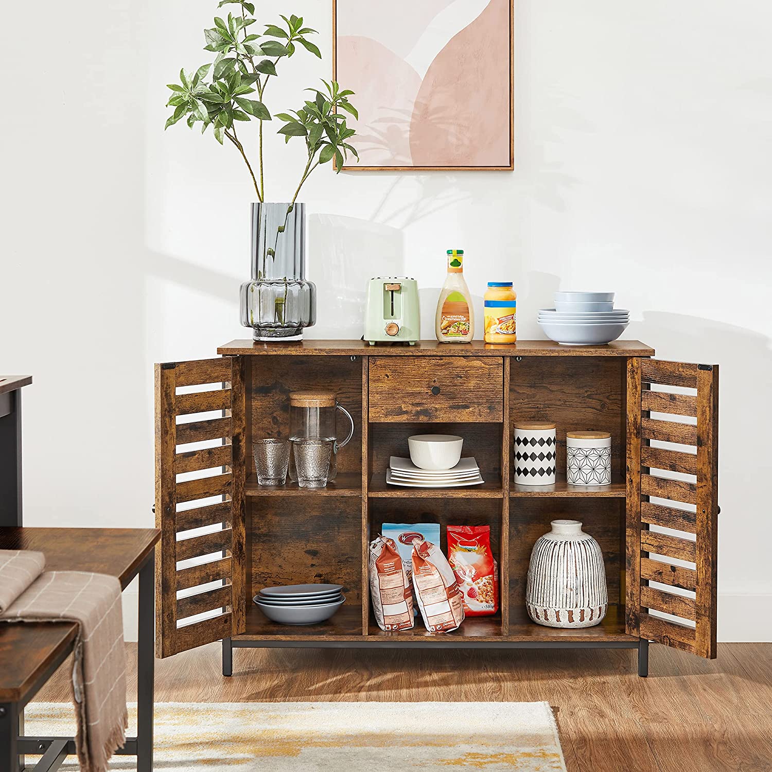Industrial Sideboard – Wood and Metal – Rustic Brown and Black – Drawer and Storage Shelves