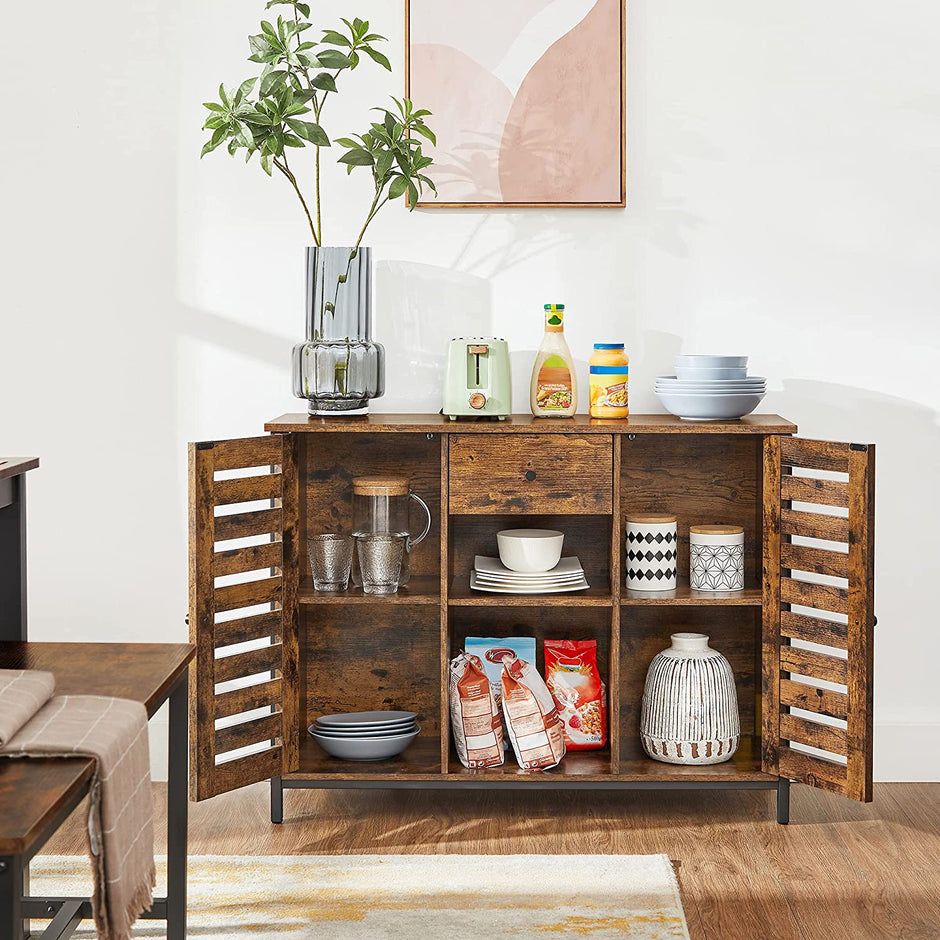 Industrial Sideboard – Wood and Metal – Rustic Brown and Black – Drawer and Storage Shelves
