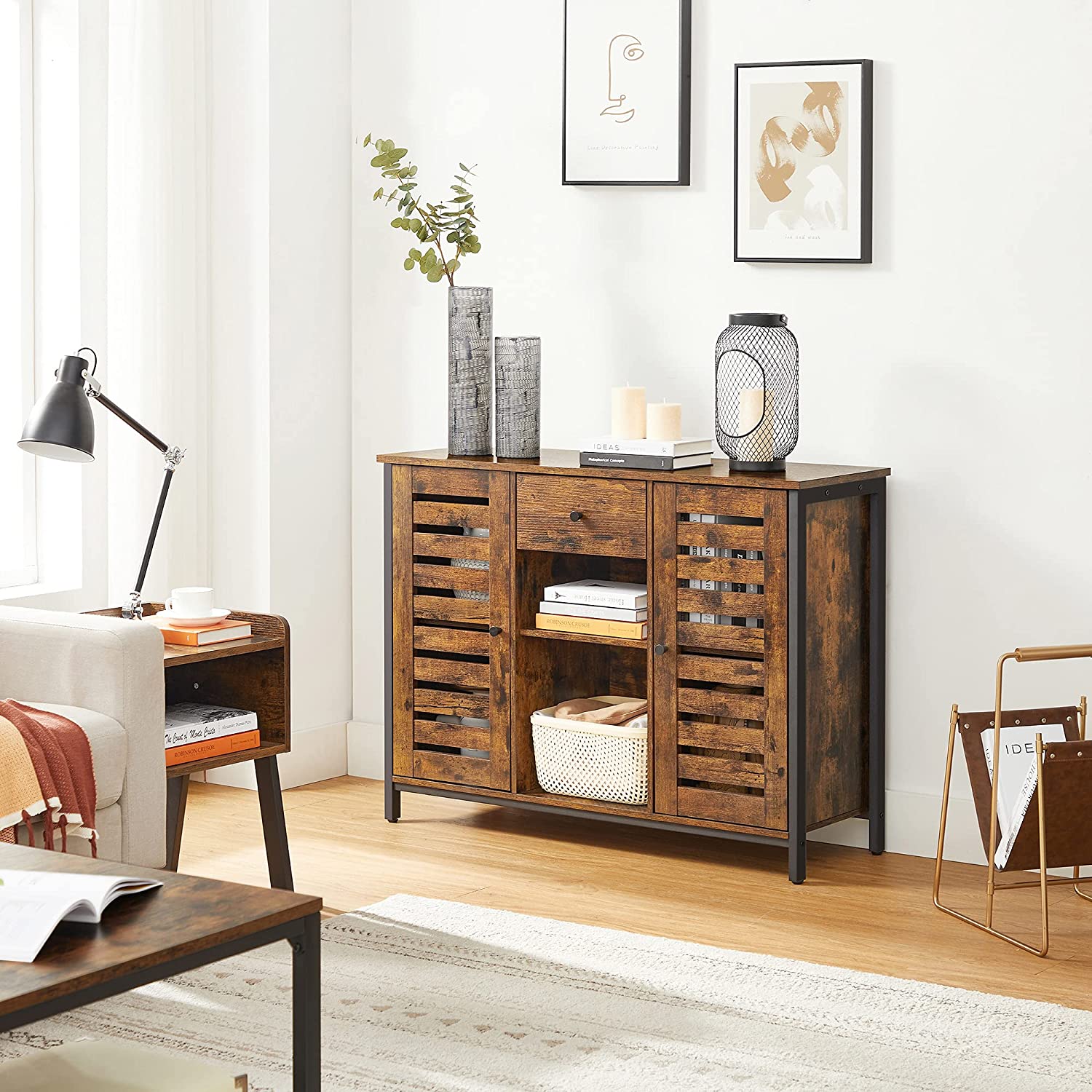 Industrial Sideboard – Wood and Metal – Rustic Brown and Black – Drawer and Storage Shelves