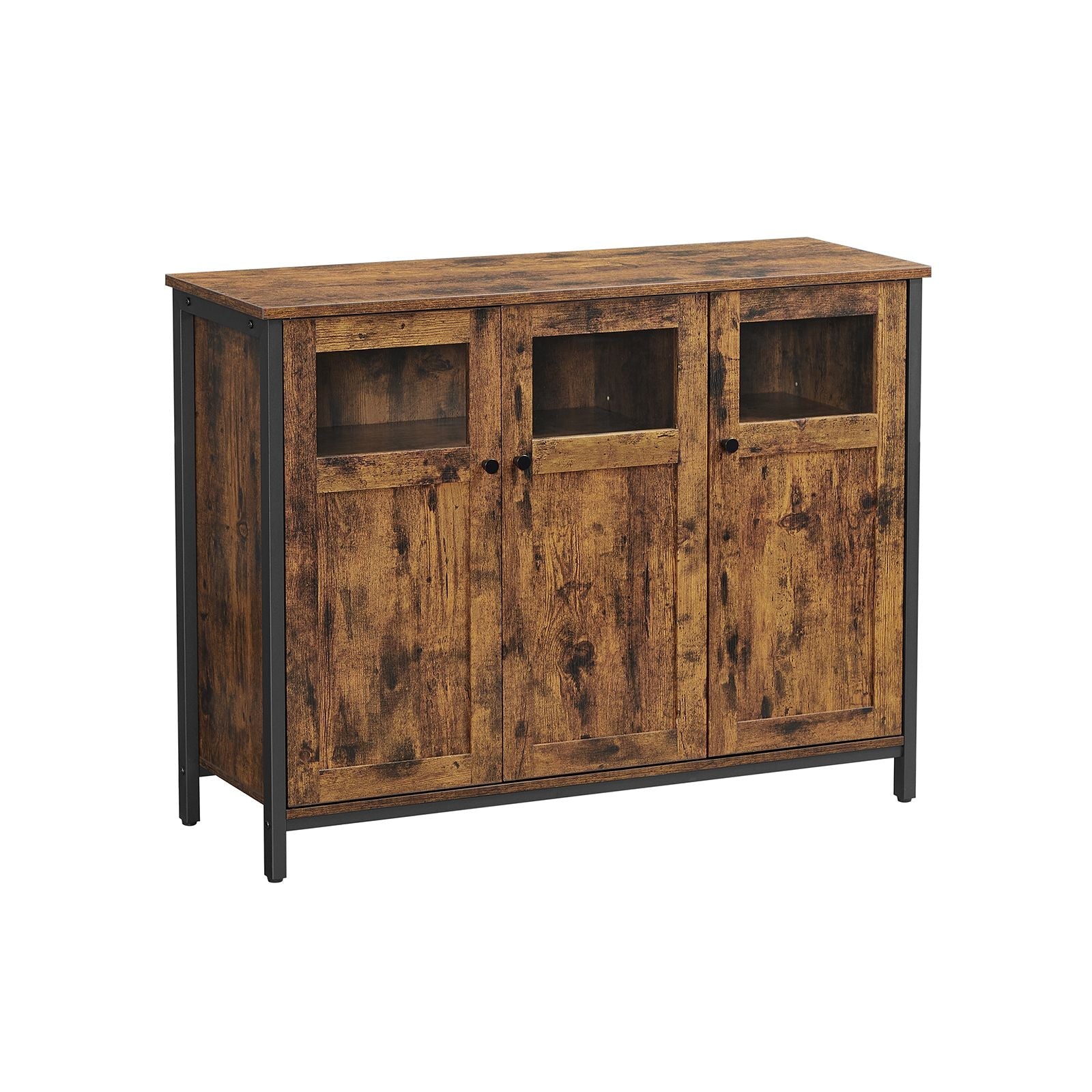Sideboard – Glass, Steel Frame – Rustic Brown and Black – Industrial Style Storage Cabinet