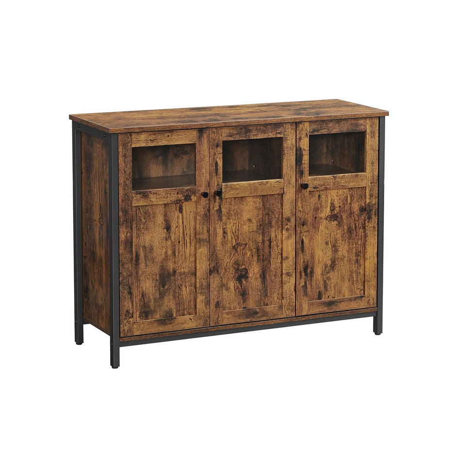Sideboard – Glass, Steel Frame – Rustic Brown and Black – Industrial Style Storage Cabinet