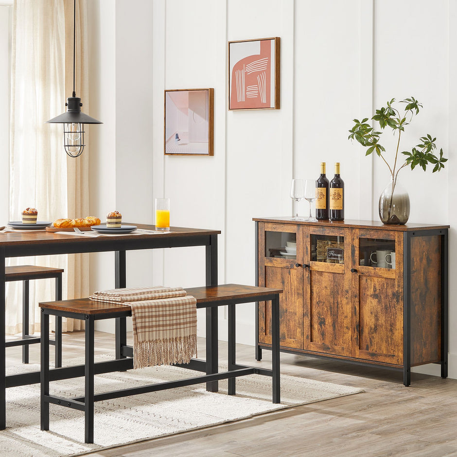 Sideboard – Glass, Steel Frame – Rustic Brown and Black – Industrial Style Storage Cabinet