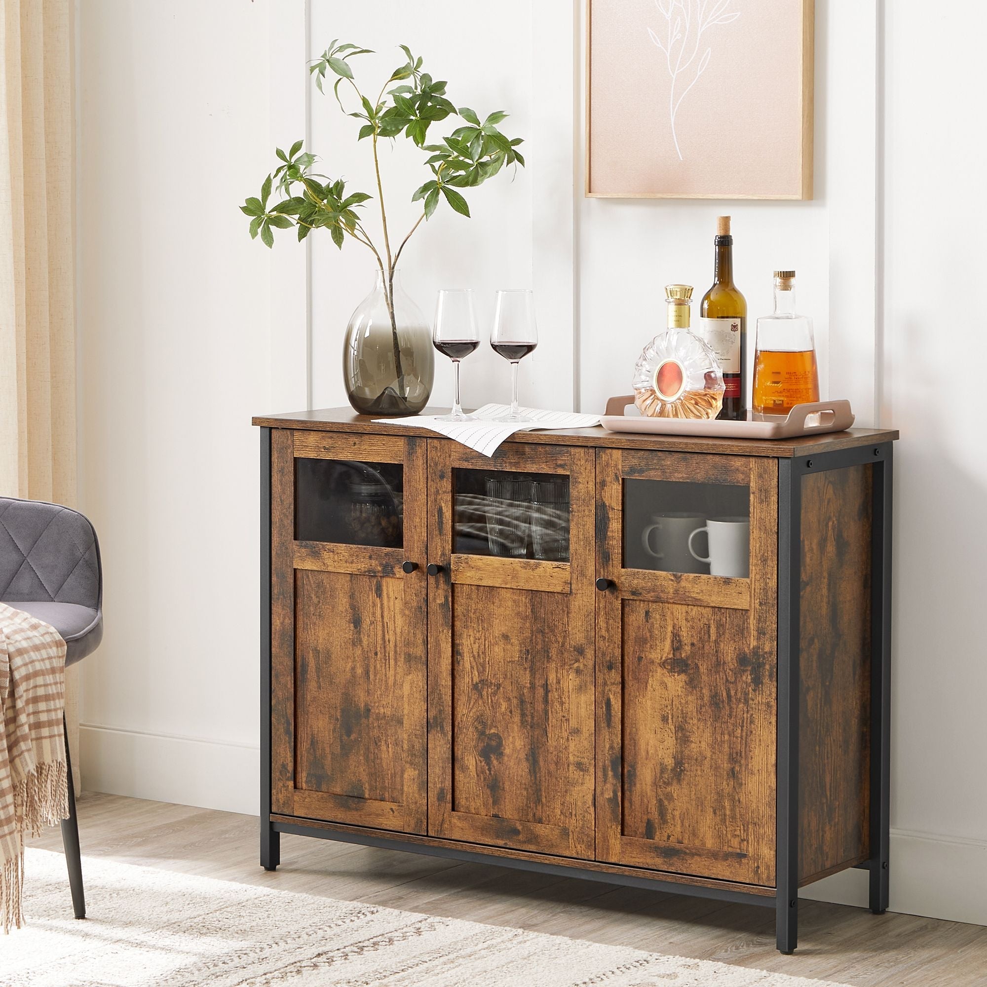 Sideboard – Glass, Steel Frame – Rustic Brown and Black – Industrial Style Storage Cabinet