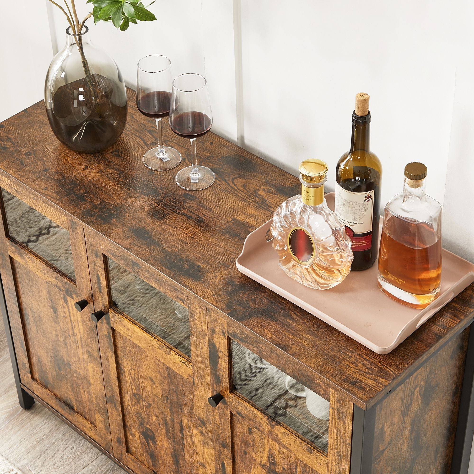 Sideboard – Glass, Steel Frame – Rustic Brown and Black – Industrial Style Storage Cabinet