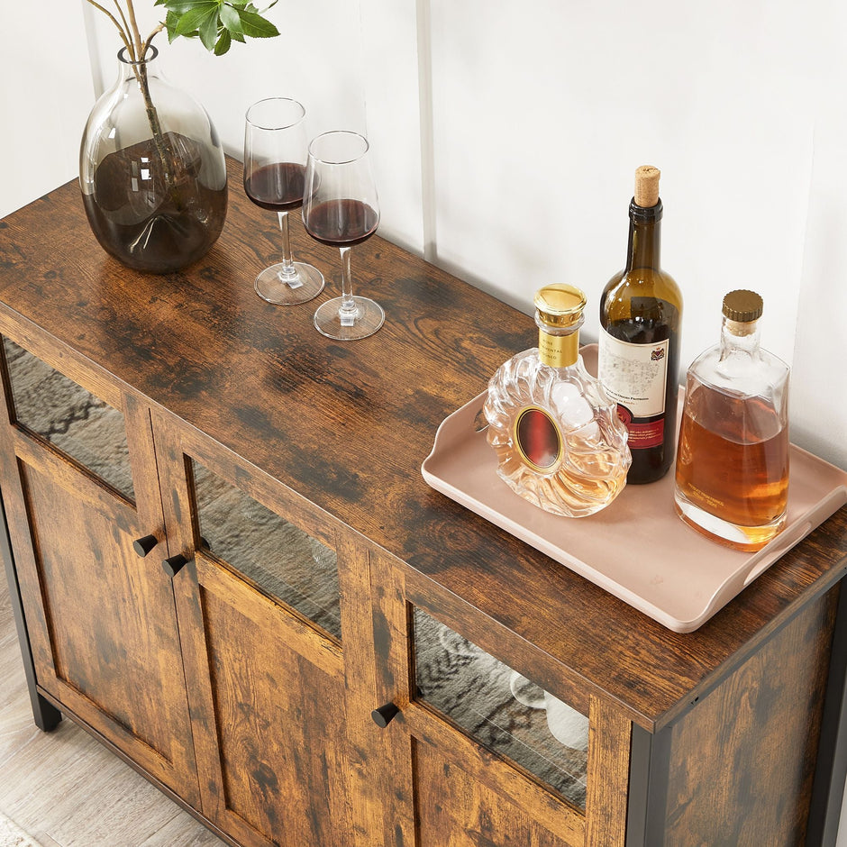 Sideboard – Glass, Steel Frame – Rustic Brown and Black – Industrial Style Storage Cabinet