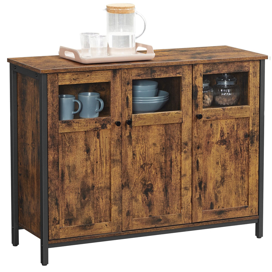 Sideboard – Glass, Steel Frame – Rustic Brown and Black – Industrial Style Storage Cabinet