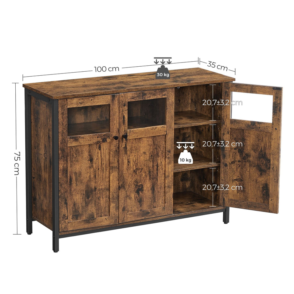 Sideboard – Glass, Steel Frame – Rustic Brown and Black – Industrial Style Storage Cabinet