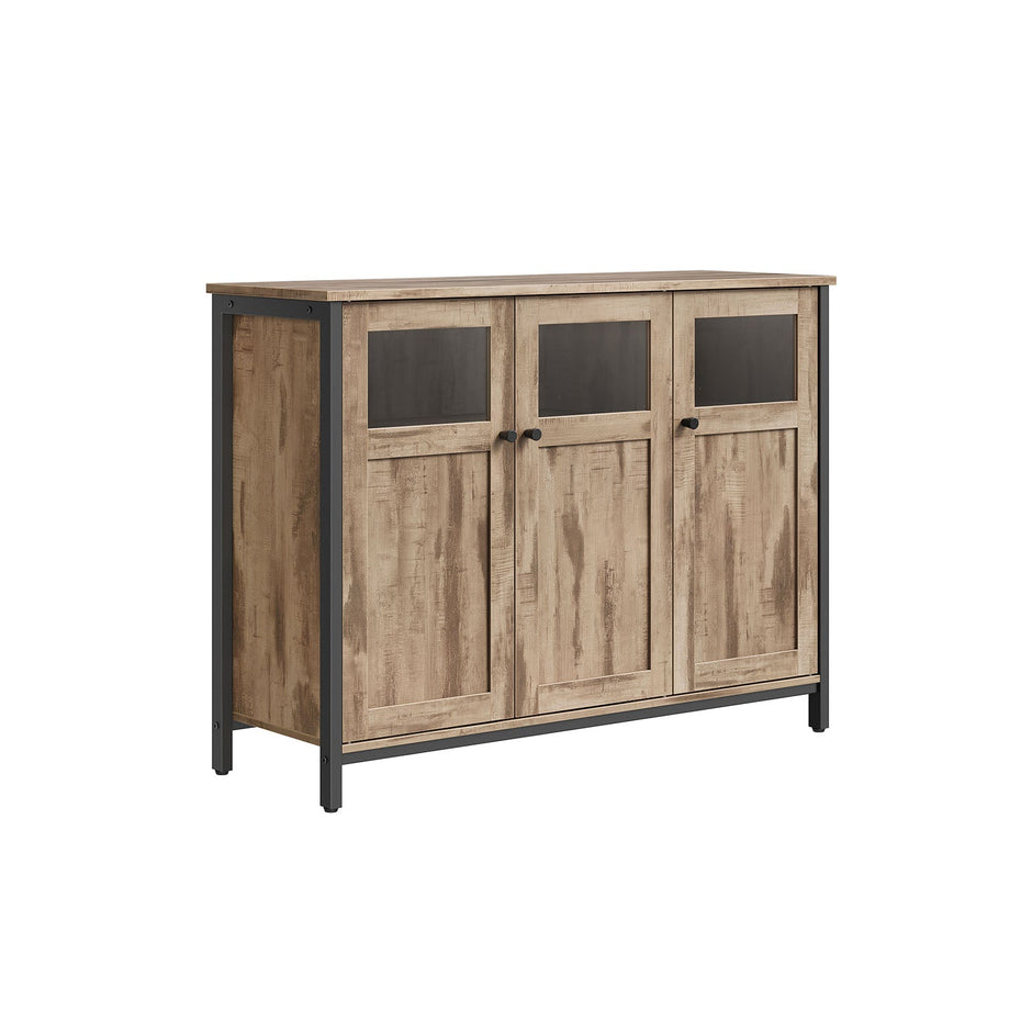 Sideboard – Steel – Rustic Brown and Black – Industrial Style with Glass Doors