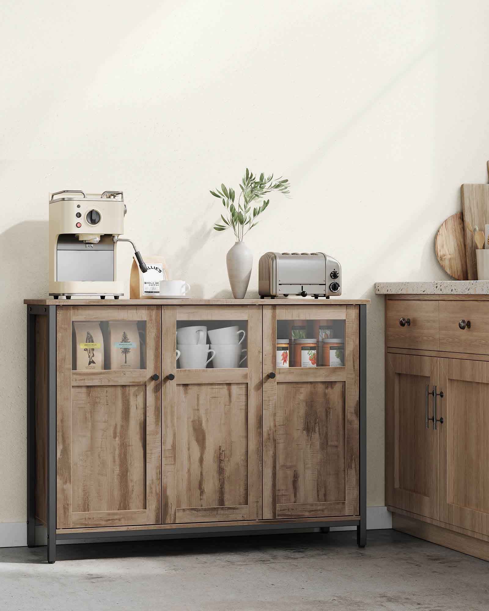 Sideboard – Steel – Rustic Brown and Black – Industrial Style with Glass Doors