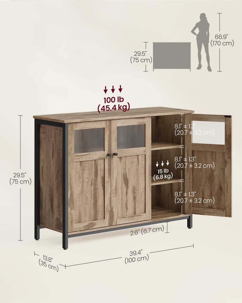 Sideboard – Steel – Rustic Brown and Black – Industrial Style with Glass Doors