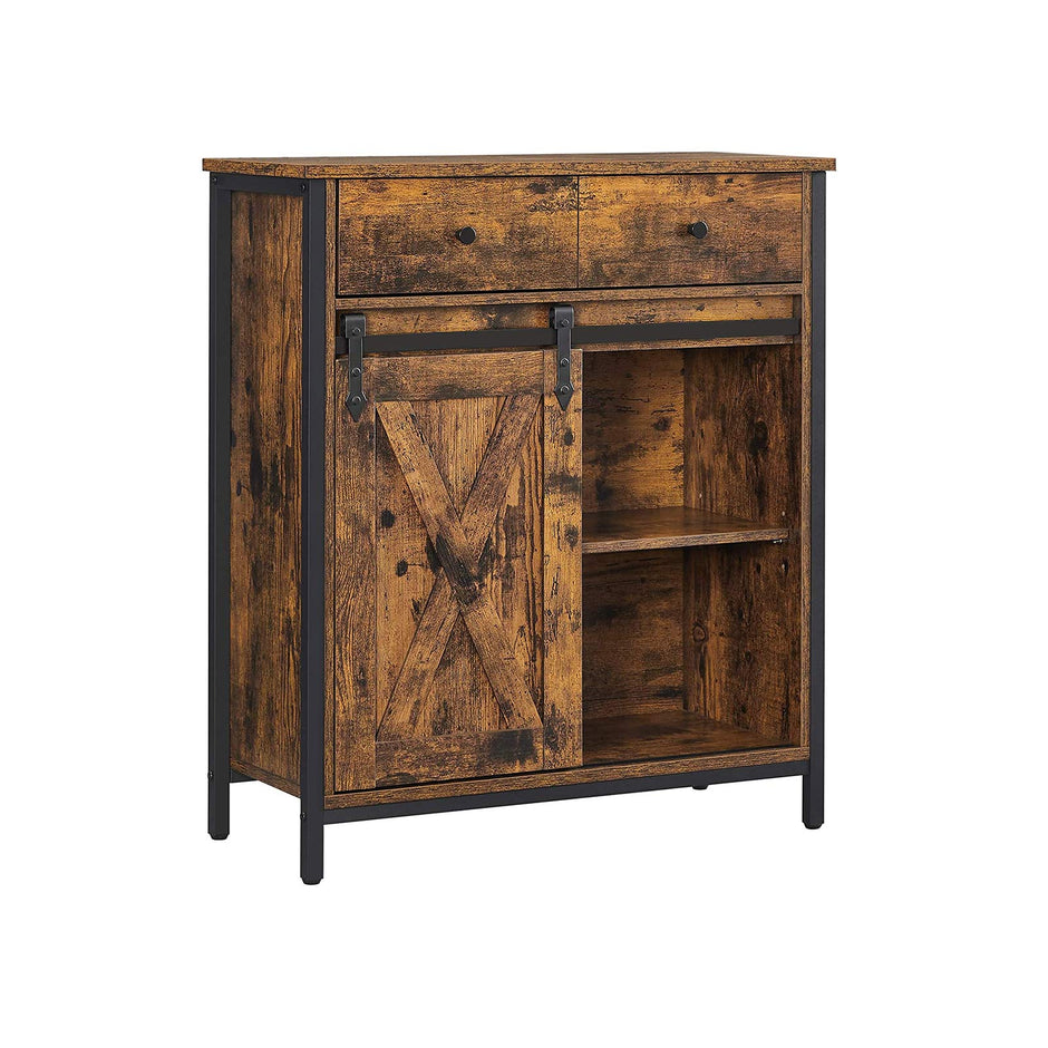 Industrial Storage Sideboard – Wood – Rustic Brown and Black – Freestanding with Sliding Barn Door and Drawer