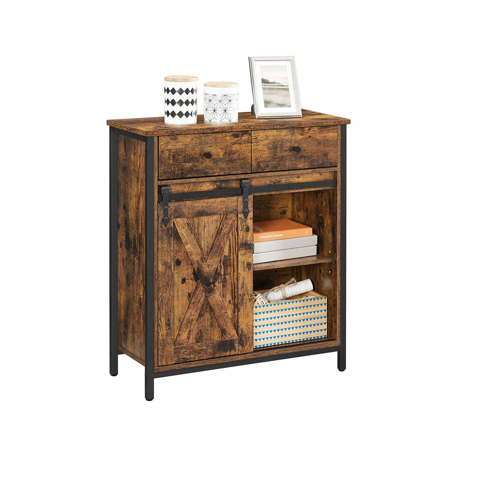 Industrial Storage Sideboard – Wood – Rustic Brown and Black – Freestanding with Sliding Barn Door and Drawer