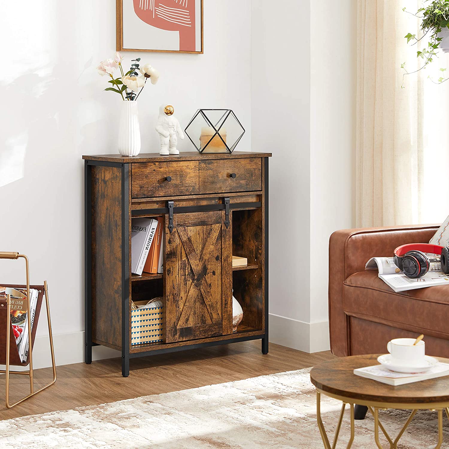 Industrial Storage Sideboard – Wood – Rustic Brown and Black – Freestanding with Sliding Barn Door and Drawer