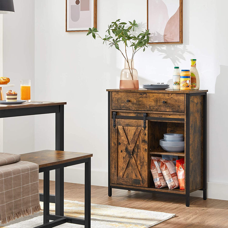 Industrial Storage Sideboard – Wood – Rustic Brown and Black – Freestanding with Sliding Barn Door and Drawer