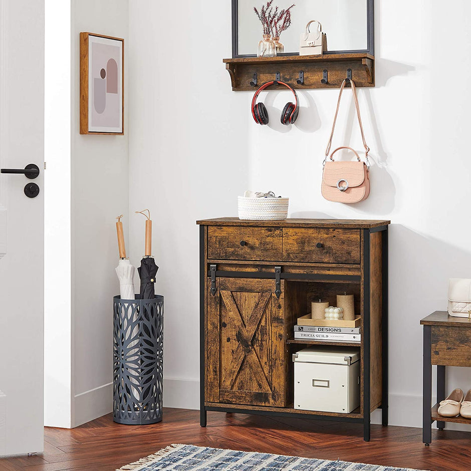 Industrial Storage Sideboard – Wood – Rustic Brown and Black – Freestanding with Sliding Barn Door and Drawer