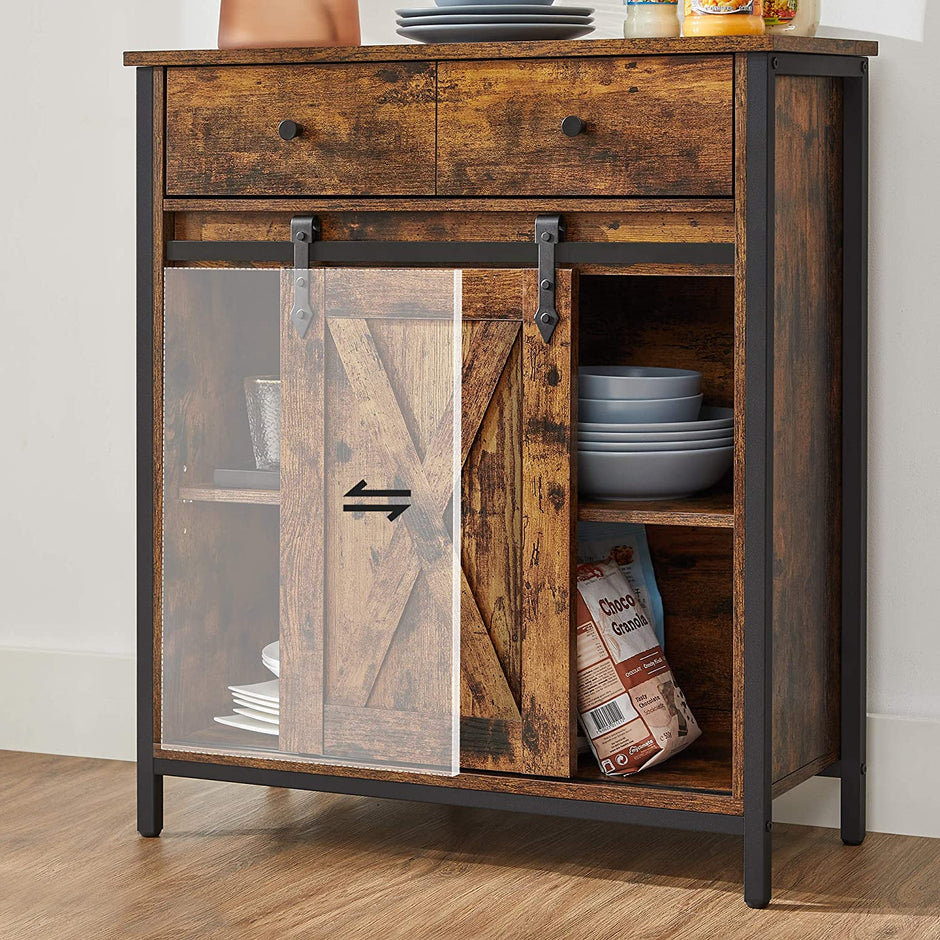 Industrial Storage Sideboard – Wood – Rustic Brown and Black – Freestanding with Sliding Barn Door and Drawer