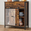 Industrial Storage Sideboard – Wood – Rustic Brown and Black – Freestanding with Sliding Barn Door and Drawer