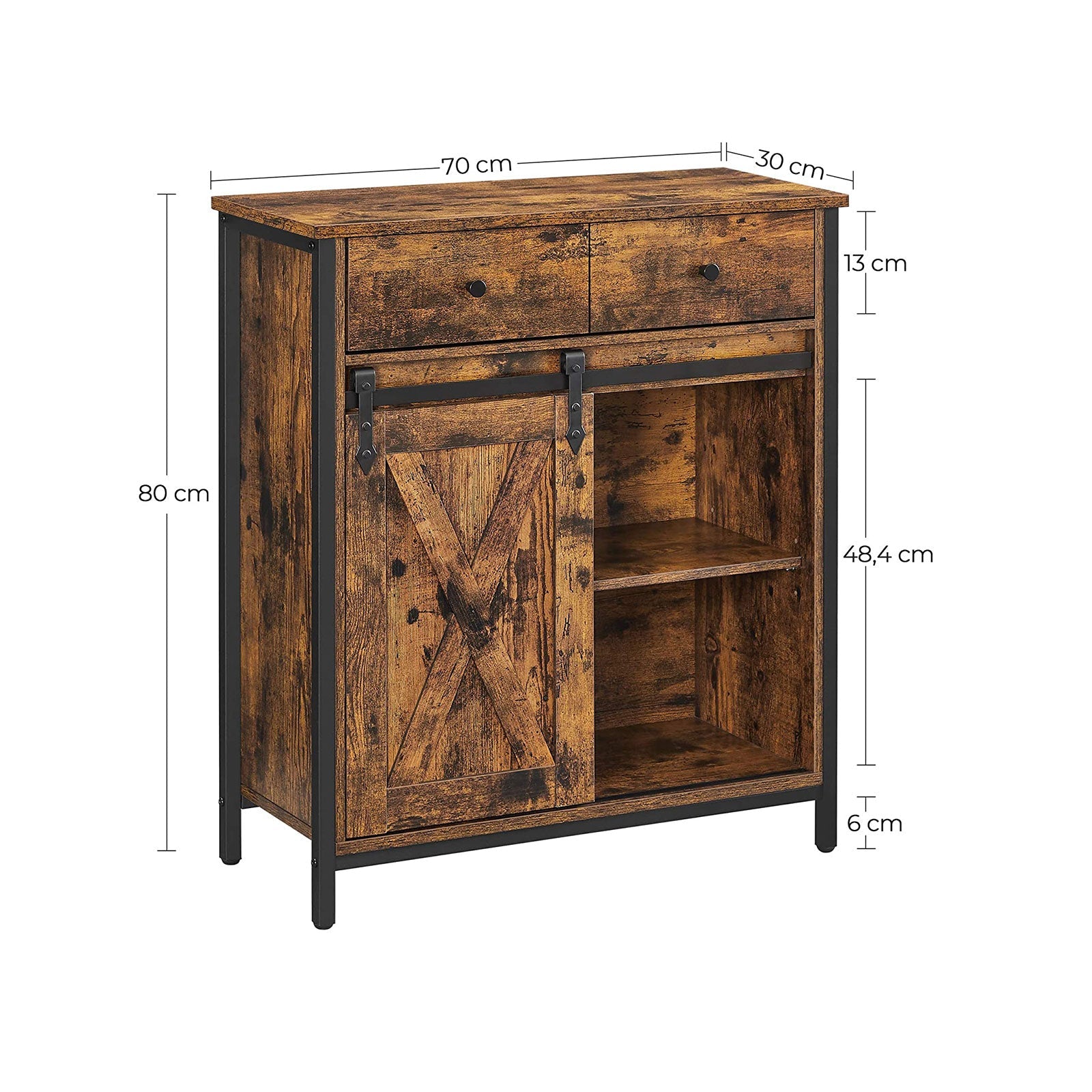 Industrial Storage Sideboard – Wood – Rustic Brown and Black – Freestanding with Sliding Barn Door and Drawer