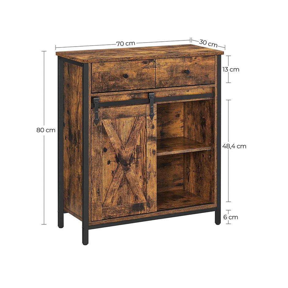 Industrial Storage Sideboard – Wood – Rustic Brown and Black – Freestanding with Sliding Barn Door and Drawer