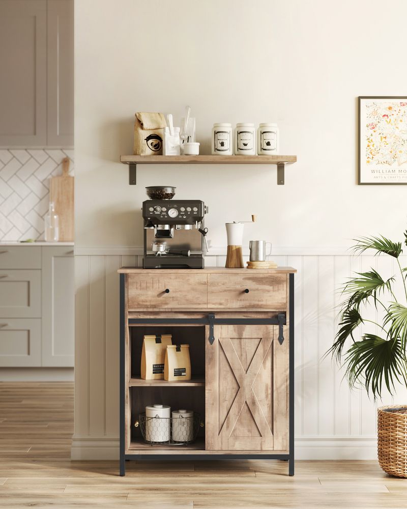 Freestanding Storage Cabinet – Wood – Rustic Brown and Black – Sliding Barn Door and Drawer