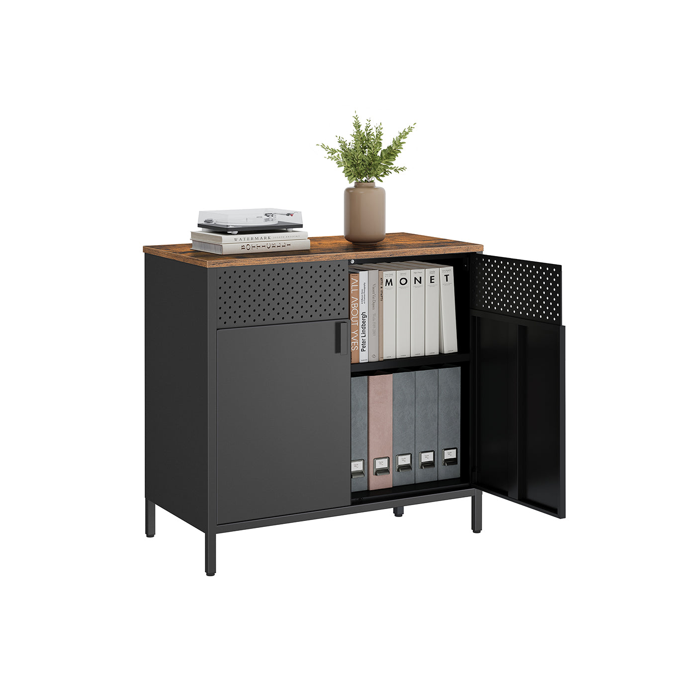Double-Door Floor Cabinet – Steel Frame – Rustic Brown and Black – Adjustable Shelf with Magnetic Closure and Industrial Style