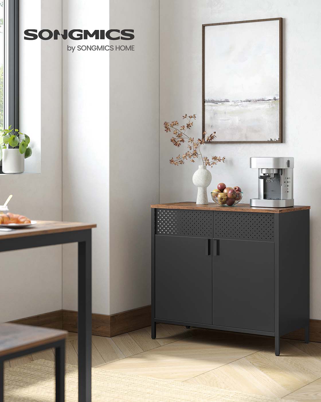 Double-Door Floor Cabinet – Steel Frame – Rustic Brown and Black – Adjustable Shelf with Magnetic Closure and Industrial Style