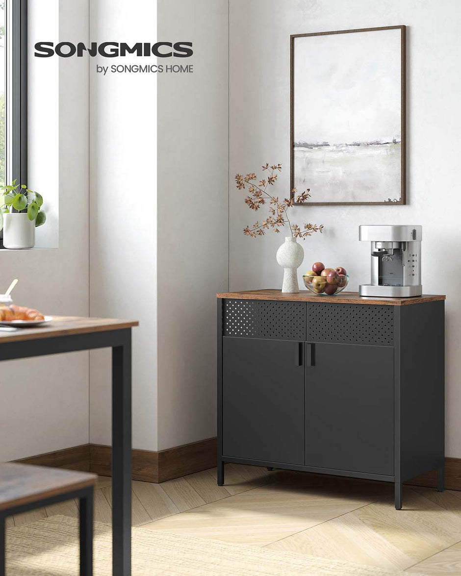 Double-Door Floor Cabinet – Steel Frame – Rustic Brown and Black – Adjustable Shelf with Magnetic Closure and Industrial Style
